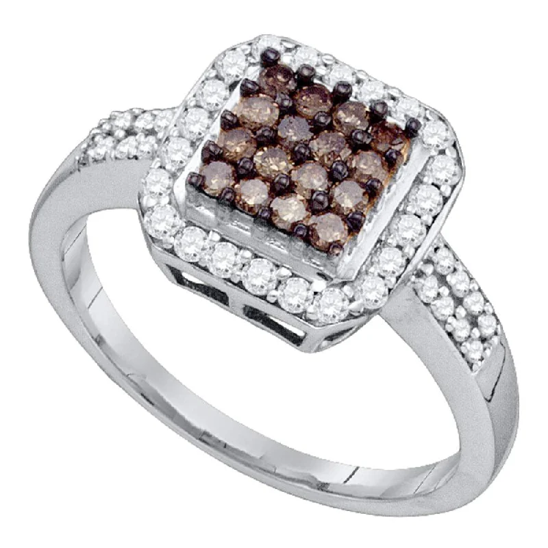 pearl twisted ring-10kt White Gold Womens Round Brown Diamond Square Cluster Ring 1/2 Cttw