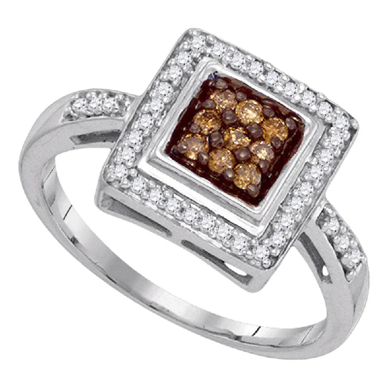 baroque amber ring-10kt White Gold Womens Round Brown Diamond Square Frame Cluster Ring 1/4 Cttw