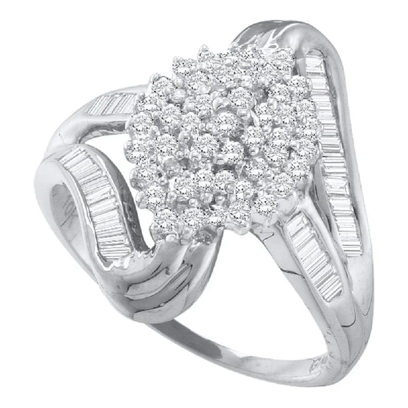 sci-fi bolt ring-10kt White Gold Womens Round Diamond Cluster Swirl Shank Baguette Ring 1/2 Cttw