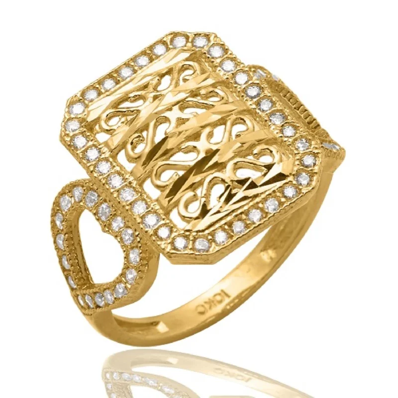 pearl braided ring-10KT Yellow Gold Round Cubic Zirconia Filigree Ring