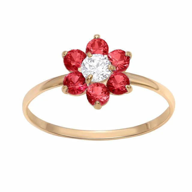 six-gem ring-10KT Yellow Gold Ruby Childrens Birthstone Flower Ring; Size 3