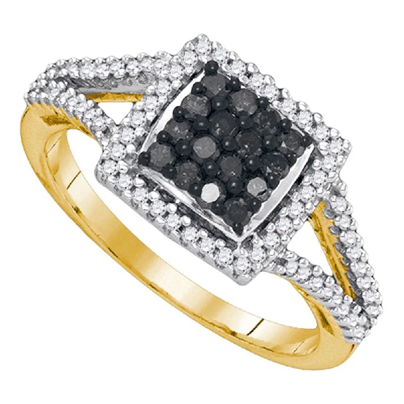 amber band ring-10kt Yellow Gold Womens Round Black Color Enhanced Diamond Square Frame Cluster Ring 1/2 Cttw