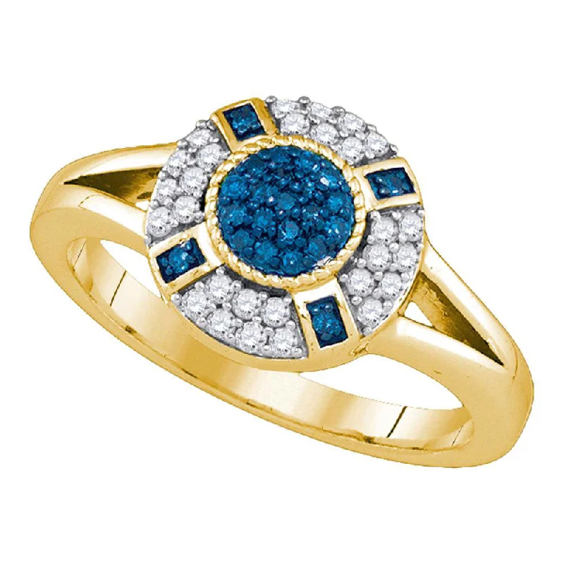 six-gem ring-10kt Yellow Gold Womens Round Blue Color Enhanced Diamond Circle Cluster Ring 3/8 Cttw