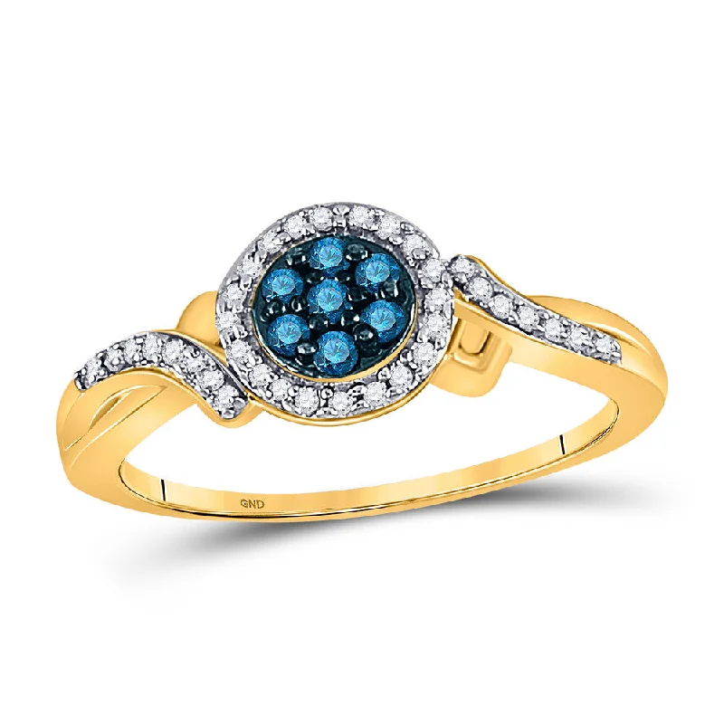 duo-tone promise ring-10kt Yellow Gold Womens Round Blue Color Enhanced Diamond Cluster Ring 1/4 Cttw