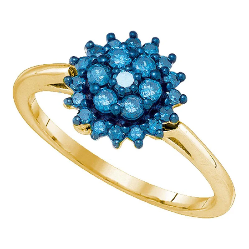 tendril stacking ring-10kt Yellow Gold Womens Round Blue Color Enhanced Diamond Flower Cluster Ring 1/2 Cttw