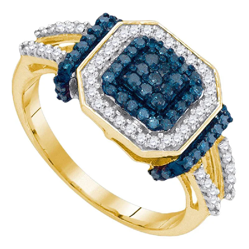 carved gemstone ring-10kt Yellow Gold Womens Round Blue Color Enhanced Diamond Square Cluster Ring 1/2 Cttw