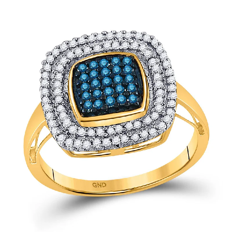 vine-inspired band ring-10kt Yellow Gold Womens Round Blue Color Enhanced Diamond Square Frame Cluster Ring 1/2 Cttw