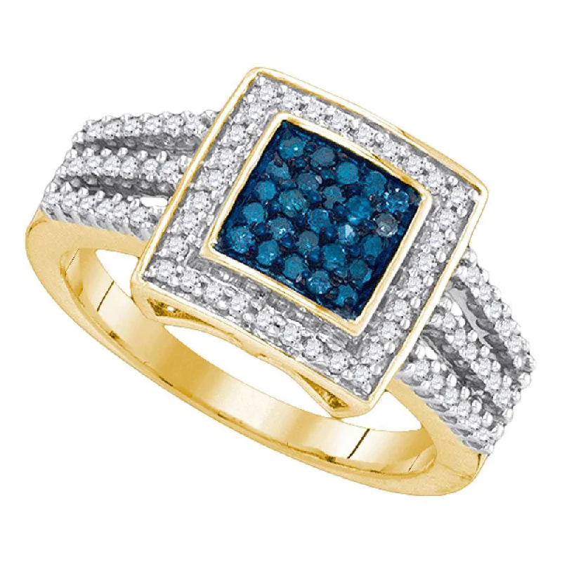 rose gold braided ring-10kt Yellow Gold Womens Round Blue Color Enhanced Diamond Square Ring 1/2 Cttw