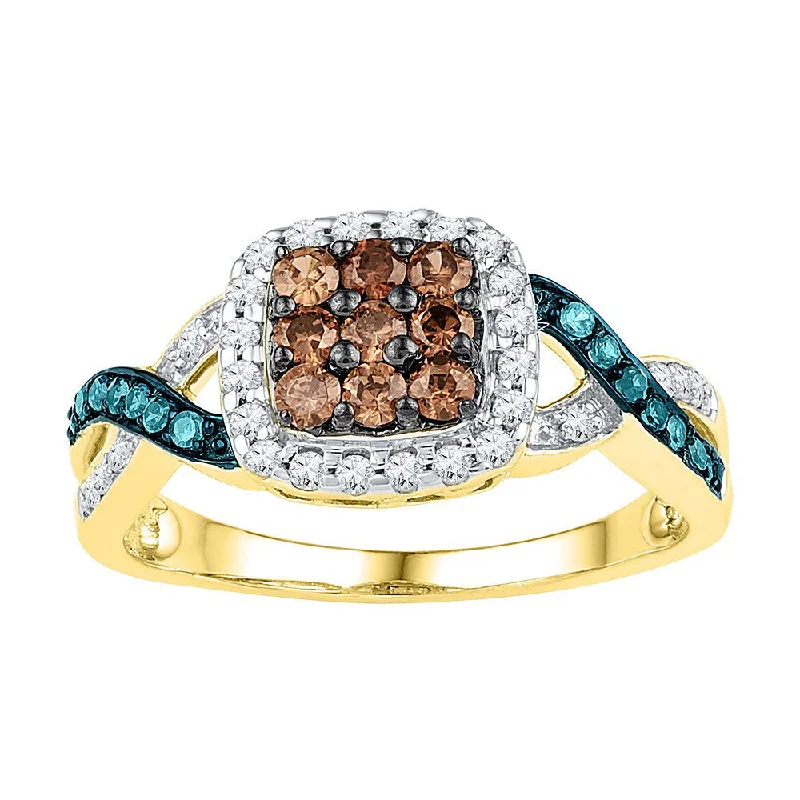 cosmic star ring-10kt Yellow Gold Womens Round Brown Blue Color-Enhanced Diamond Square Ring 1/2 Cttw