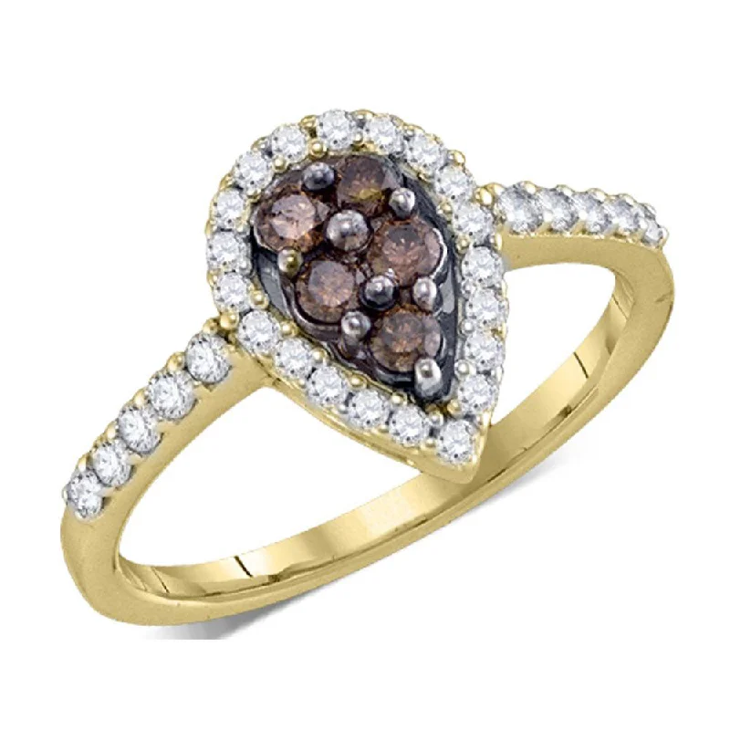 wave-shaped eternity ring-10kt Yellow Gold Womens Round Brown Diamond Cluster Ring 1/2 Cttw