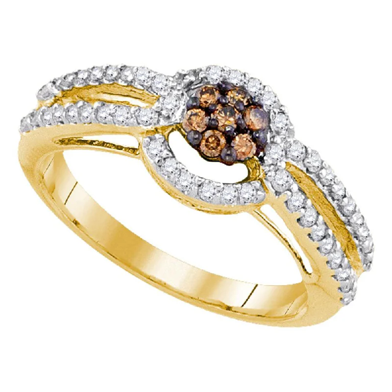 narrow couple ring-10kt Yellow Gold Womens Round Brown Diamond Cluster Ring 1/2 Cttw