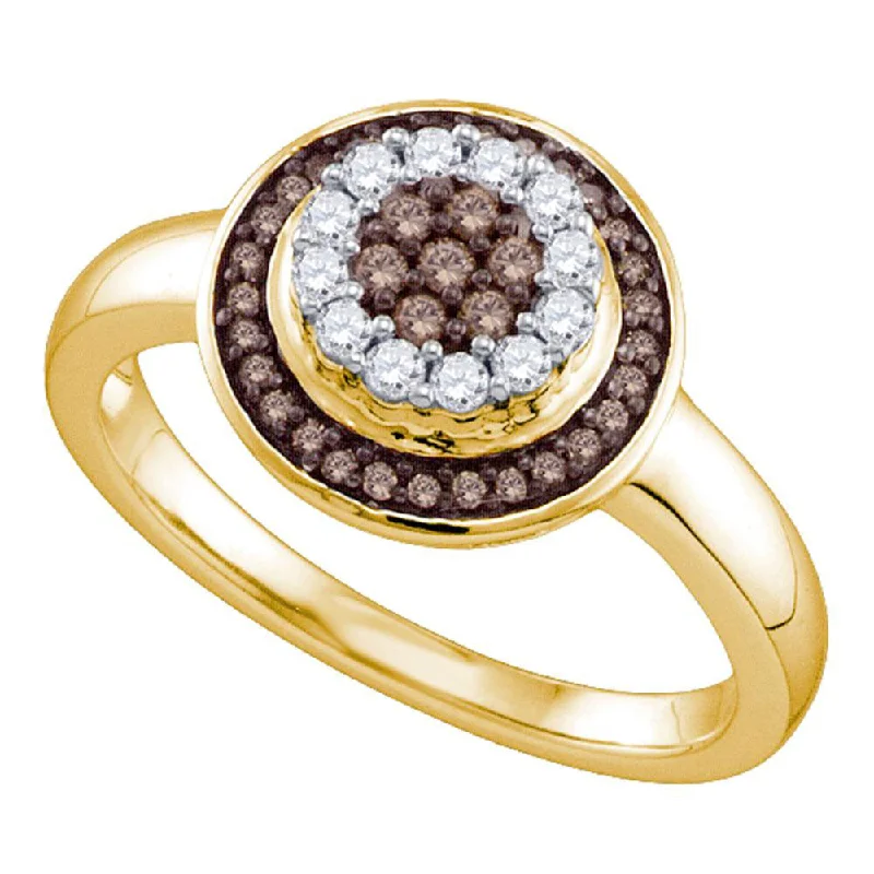 duo-tone promise ring-10kt Yellow Gold Womens Round Brown Diamond Cluster Ring 1/3 Cttw