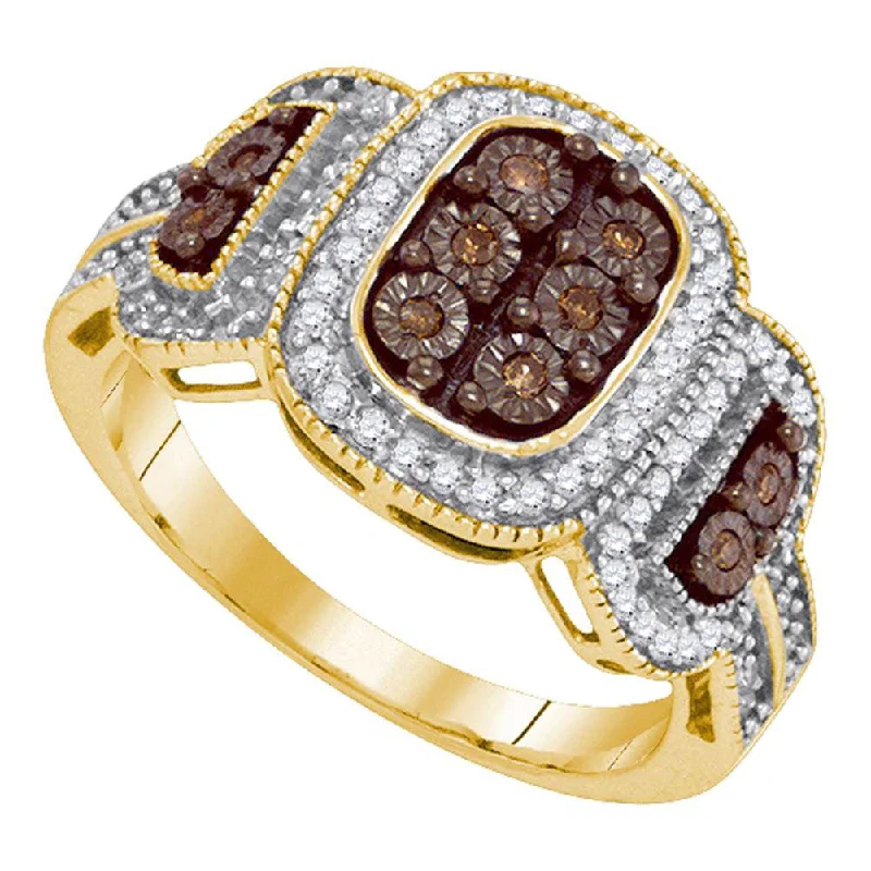 robust silver ring-10kt Yellow Gold Womens Round Brown Diamond Cluster Ring 1/3 Cttw