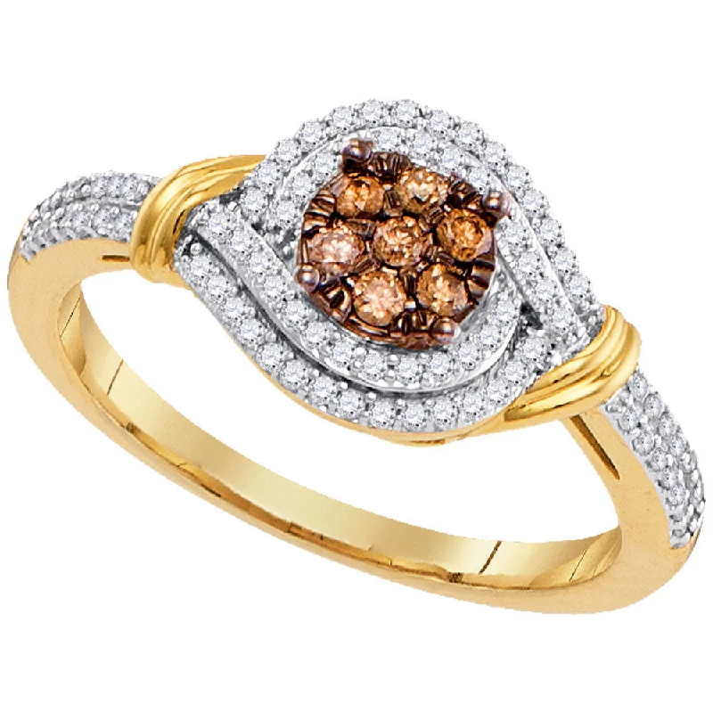 lavish silver ring-10kt Yellow Gold Womens Round Brown Diamond Cluster Ring 1/3 Cttw