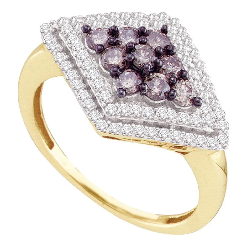 lavish cocktail ring-10kt Yellow Gold Womens Round Brown Diamond Diagonal Cluster Ring 3/4 Cttw