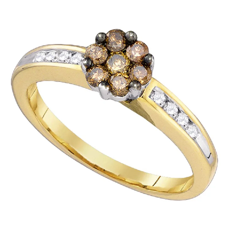 baroque diamond ring-10kt Yellow Gold Womens Round Brown Diamond Flower Cluster Ring 1/2 Cttw