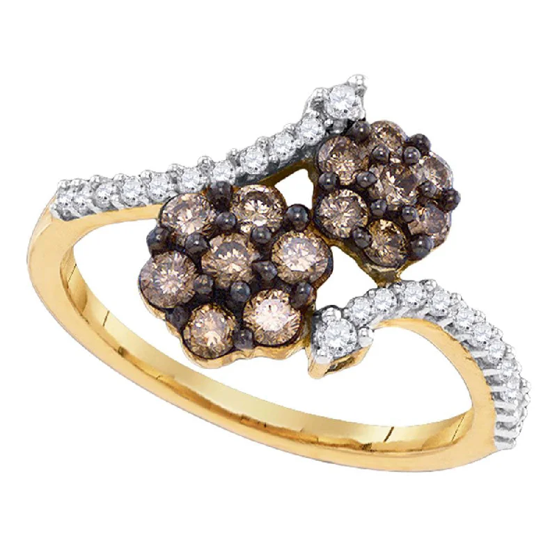 rover moon ring-10kt Yellow Gold Womens Round Brown Diamond Flower Cluster Ring 3/4 Cttw