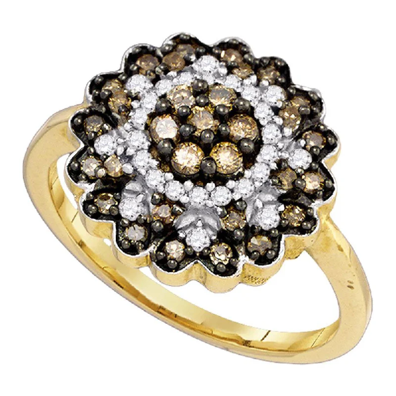 coral reef ring-10kt Yellow Gold Womens Round Brown Diamond Flower Cluster Ring 5/8 Cttw