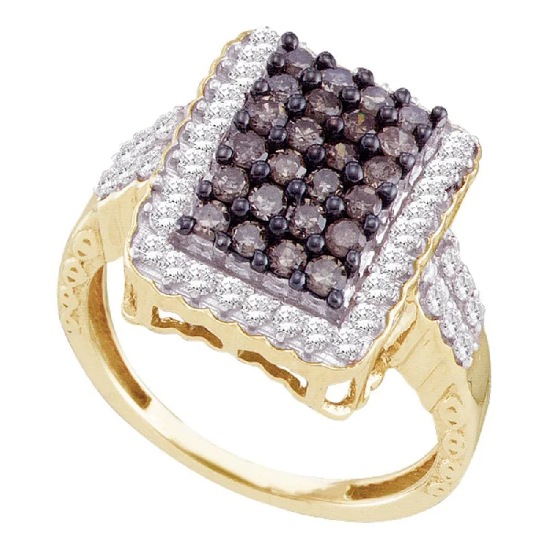 arched design ring-10kt Yellow Gold Womens Round Brown Diamond Rectangle Cluster Ring 1 Cttw