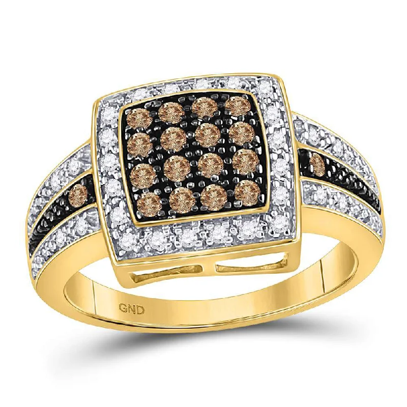 narrow diamond ring-10kt Yellow Gold Womens Round Brown Diamond Square Cluster Ring 1/2 Cttw