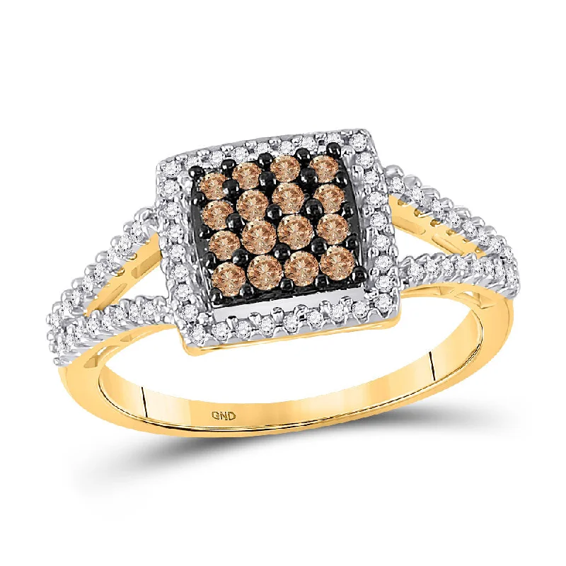 baroque diamond ring-10kt Yellow Gold Womens Round Brown Diamond Square Cluster Ring 1/2 Cttw