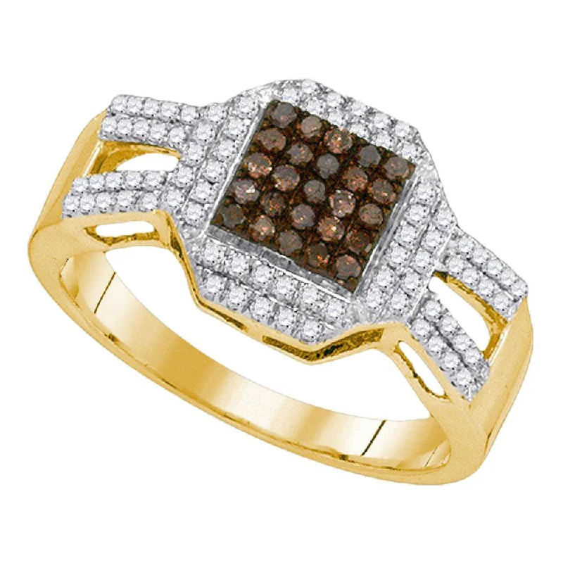 arched promise ring-10kt Yellow Gold Womens Round Brown Diamond Square Cluster Ring 3/8 Cttw