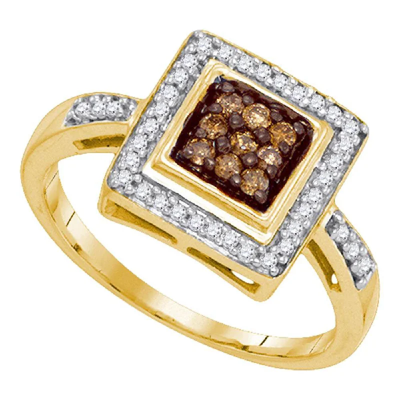 coral reef ring-10kt Yellow Gold Womens Round Brown Diamond Square Frame Cluster Ring 1/4 Cttw