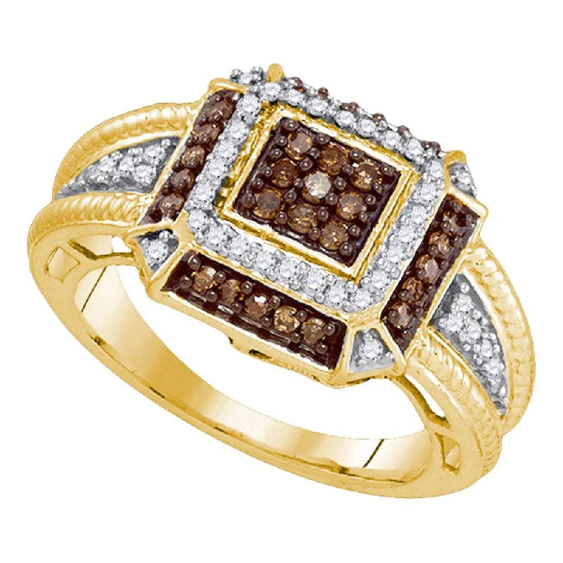 rover moon ring-10kt Yellow Gold Womens Round Brown Diamond Square Frame Cluster Roped Ring 1/2 Cttw