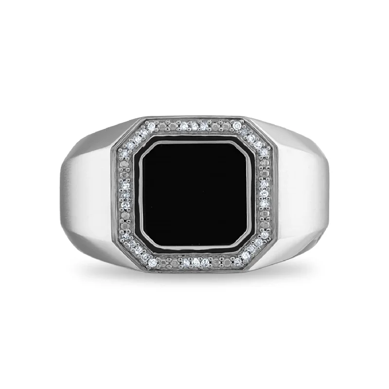 stretchable gemstone ring-10MM Square Onyx and Diamond Ring in Rhodium Plated Sterling Silver