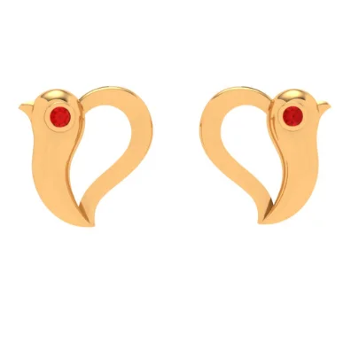 vintage-style hoop earrings-14k Bird Themed Red Stone Studded Yellow Gold Earring