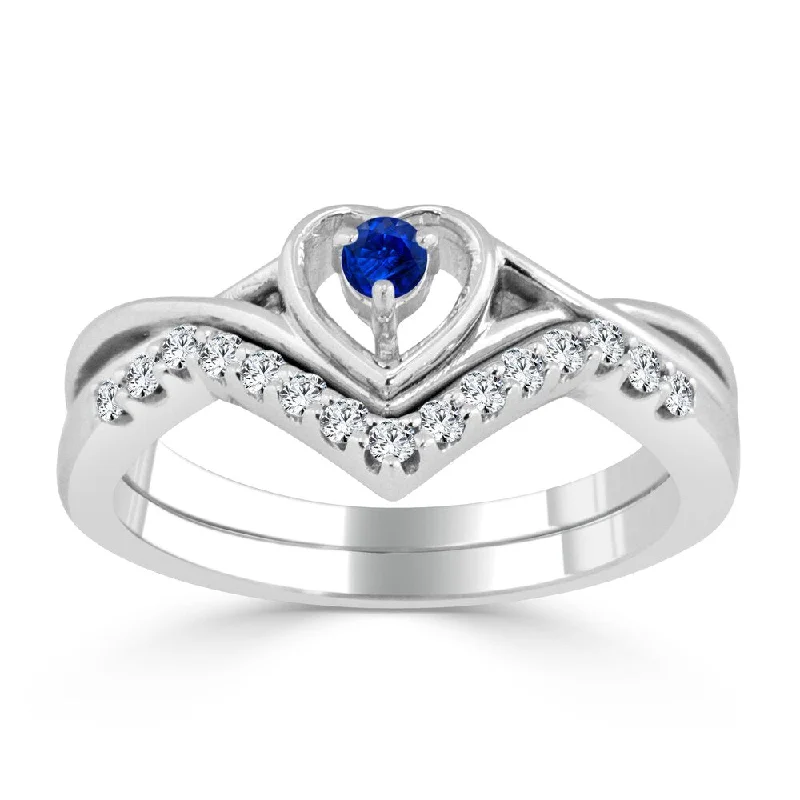 narrow gold ring-14k Gold 1/10ct Blue Sapphire and 1/5ct TDW Heart Accent Diamond Wedding Ring Set