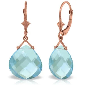 steel stud earrings-14K Solid Rose Gold Leverback Earrings Checkerboard Cut Blue Topaz