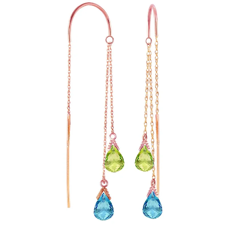 steel hoop earrings-14K Solid Rose Gold Threaded Dangle Earrings w/ Blue Topaz & Peridots