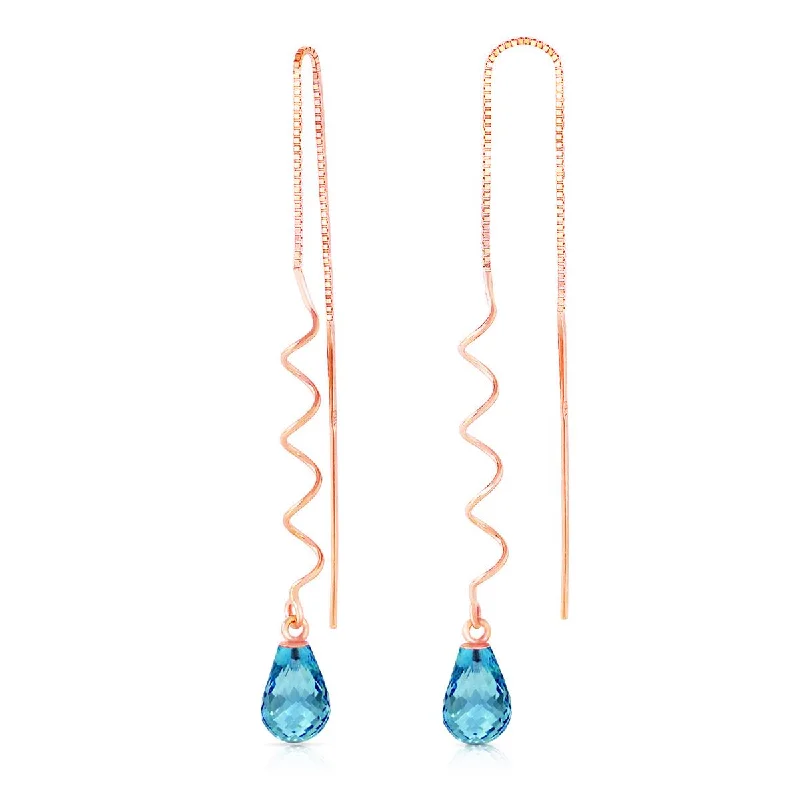 rose gold wave earrings-14K Solid Rose Gold Threaded Dangles Earrings Blue Topaz Certified