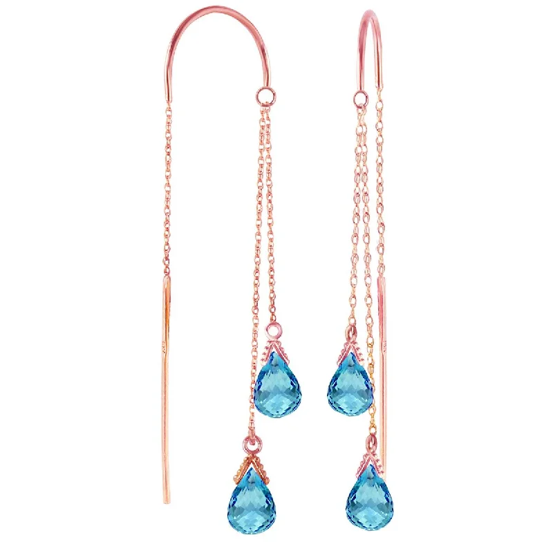 vintage-style drop earrings-14K Solid Rose Gold Threaded Dangles Earrings Blue Topaz Jewelry