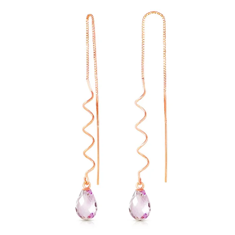 wave-shaped charm earrings-14K Solid Rose Gold Threaded Dangles Earrings Pink Topaz Jewelry