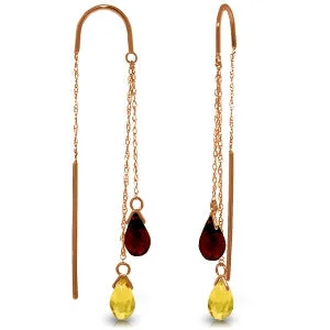 stretchable birthstone earrings-14K Solid Rose Gold Threaded Dangles Earrings w/ Citrines & Garnets