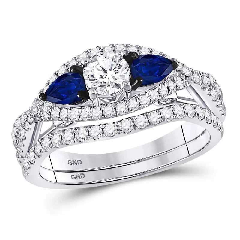 labradorite stone ring-14kt White Gold Round Diamond Blue Sapphire Bridal Wedding Ring Set 1-3/8 Cttw