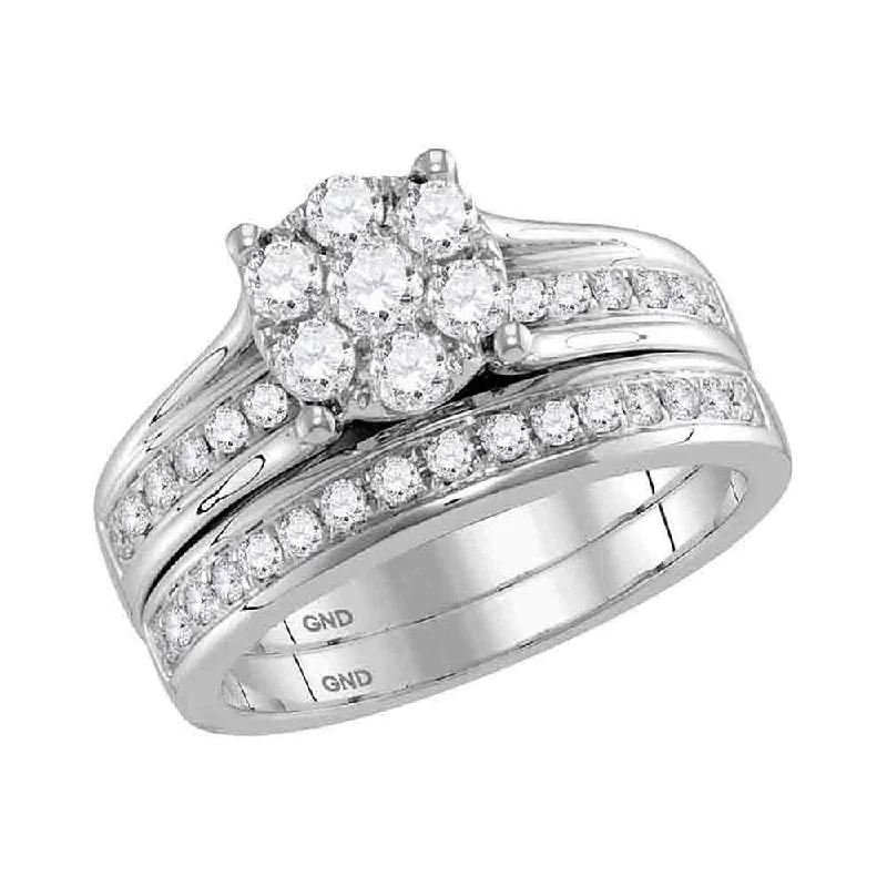 etched name ring-14kt White Gold Round Diamond Cluster Bridal Wedding Ring Band Set 1 Cttw