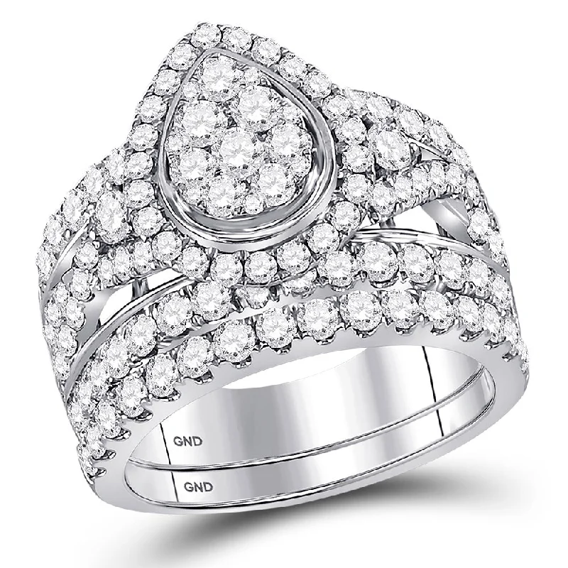 solid silver ring-14kt White Gold Round Diamond Pear Cluster Bridal Wedding Ring Band Set 3 Cttw