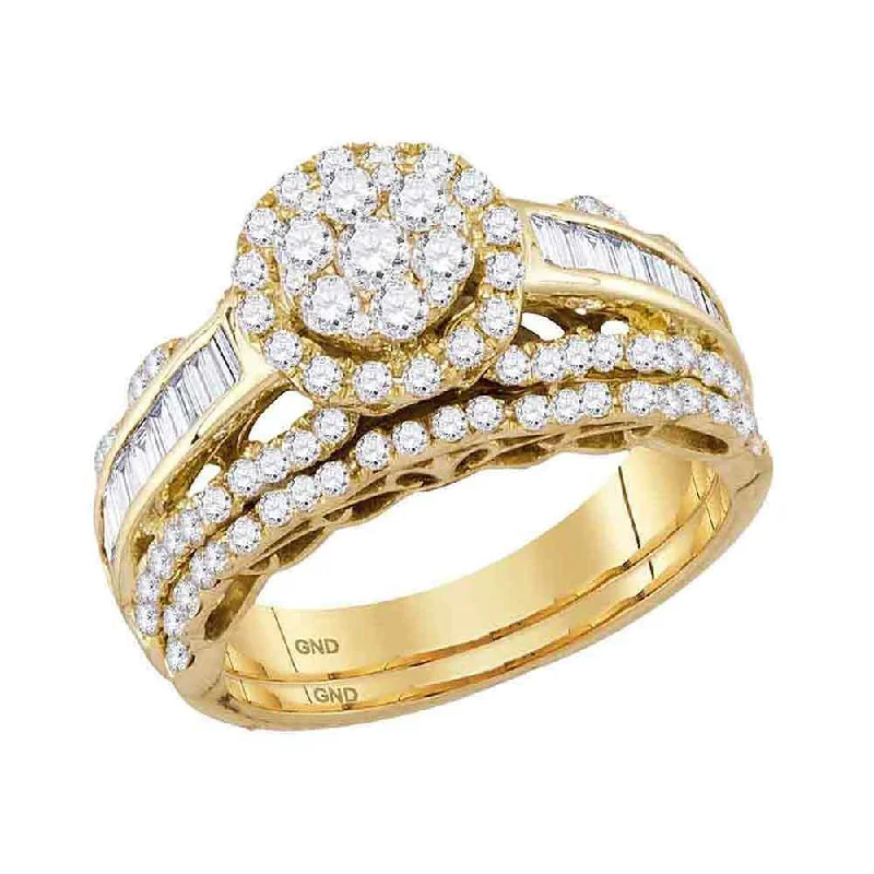 ribbed silver ring-14kt Yellow Gold Round Diamond Cluster Bridal Wedding Ring Band Set 1-1/2 Cttw