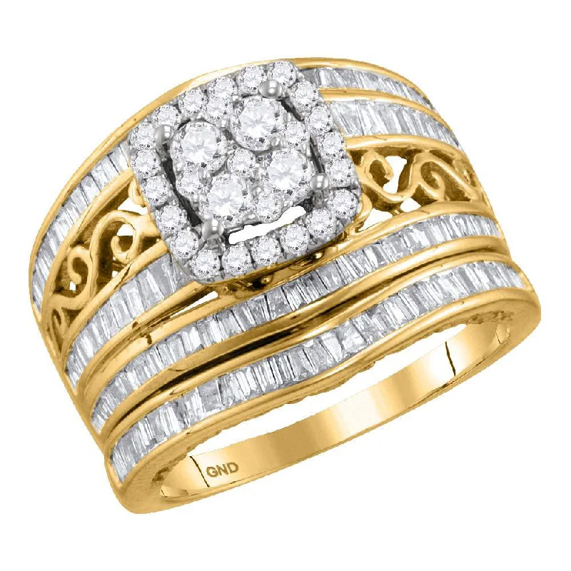 vintage-style ring-14kt Yellow Gold Round Diamond Cluster Bridal Wedding Ring Band Set 1-1/2 Cttw