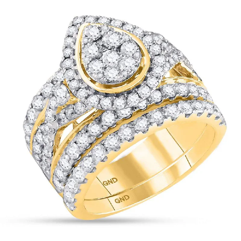 stretchable infinity ring-14kt Yellow Gold Round Diamond Pear Bridal Wedding Ring Band Set 3 Cttw