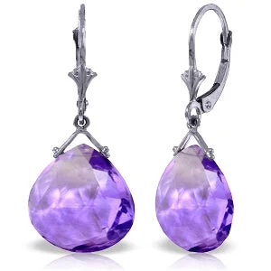 17 Carat 14K Solid White Gold Leverback Earrings Checkerboard Cut Amethyst