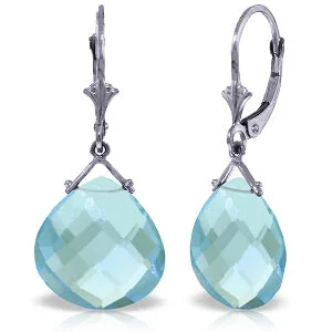 twisted silver earrings-17 Carat 14K Solid White Gold Leverback Earrings Checkerboard Cut Blue Topaz