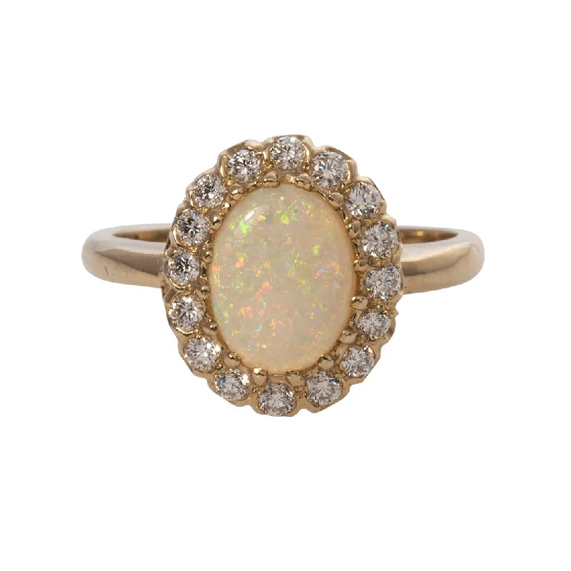 tendril band ring-Oval Opal & Diamond Cluster 14K Yellow Gold Ring