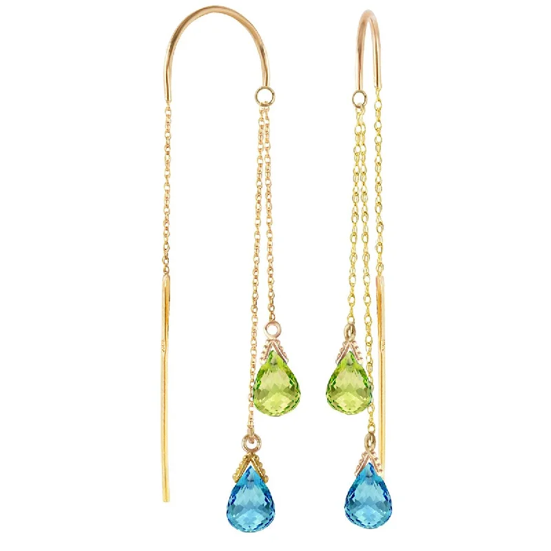 stretchable gold earrings-2.5 Carat 14K Solid Yellow Gold Threaded Dangle Earrings Blue Topaz Peridot