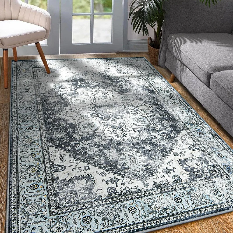 sci-fi bolt ring-4x6 Washable Floral Print Bedroom Living Room Rug,Blue/Grey