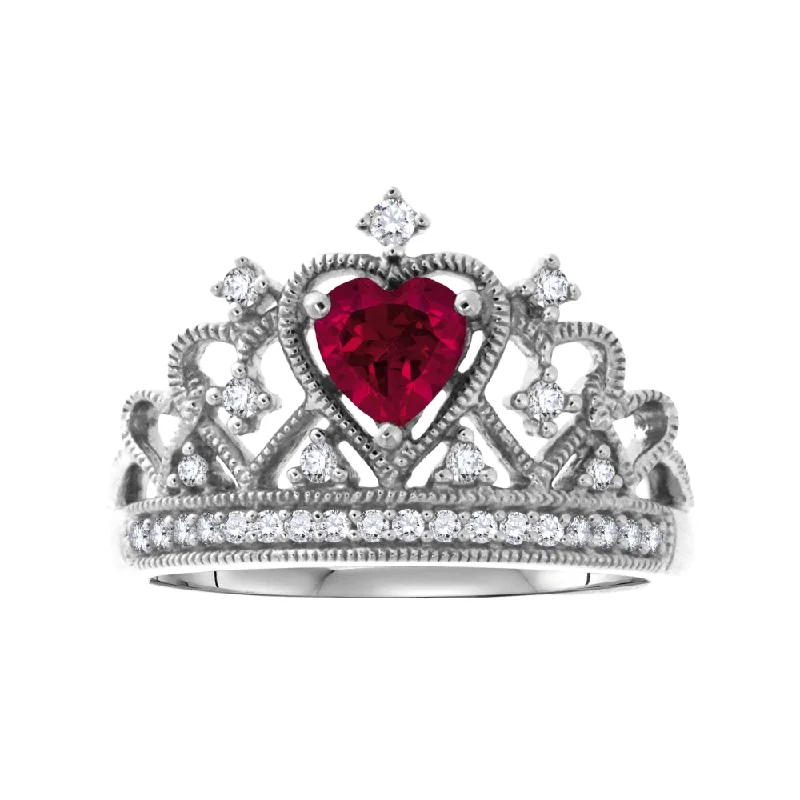 lavish silver ring-5MM Heart Shape Ruby and White Sapphire Tiara Crown Ring in Sterling Silver