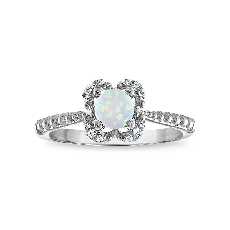 carved wedding ring-5MM Round Opal and White Sapphire Birthstone Flower Halo Ring in Sterling Silver